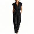 thumbnail image 1 of Womens Zipper Front Jumpsuits Wide Leg Elastic Waist Dressy Casual Rompers Formal Office Collared Jumpsuit Black, S, 1 of 7