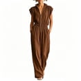 thumbnail image 1 of Womens Zipper Front Jumpsuits Wide Leg Elastic Waist Dressy Casual Rompers Formal Office Collared Jumpsuit Coffee, 3XL, 1 of 7