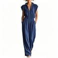 thumbnail image 1 of Womens Zipper Front Jumpsuits Wide Leg Elastic Waist Dressy Casual Rompers Formal Office Collared Jumpsuit Navy, XL, 1 of 7
