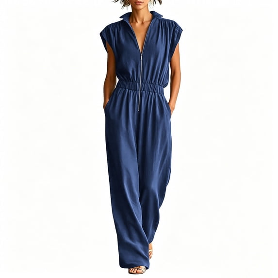 Womens Zipper Front Jumpsuits Wide Leg Elastic Waist Dressy Casual Rompers Formal Office Collared Jumpsuit Navy, XL