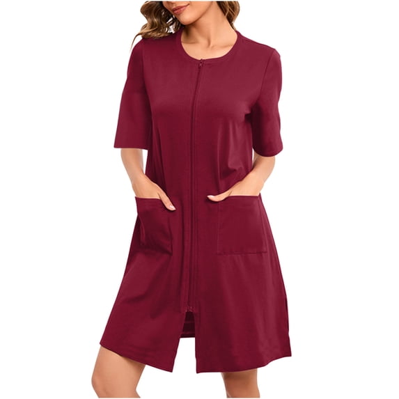Womens Zipper Front Nightgowns 3/4 Sleeve Lightweight Bathrobe Knee Length Crewneck Housecoat with Pockets Wine, XXL