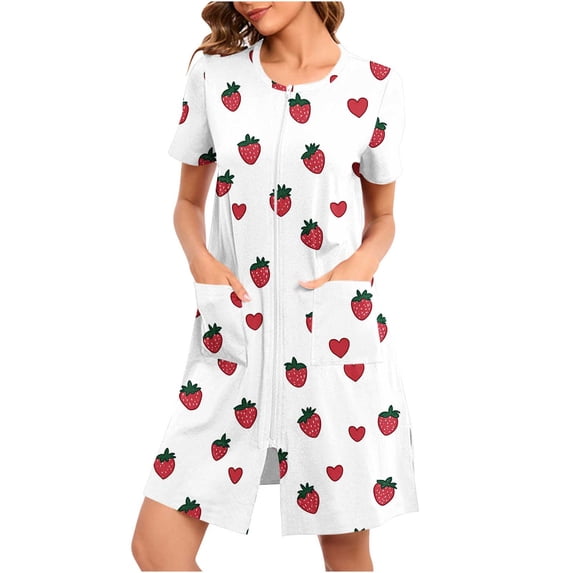 Womens Zipper Front Nightgowns Short Sleeve Lightweight Bathrobe Knee Length Crewneck Housecoat with Pockets White, XL