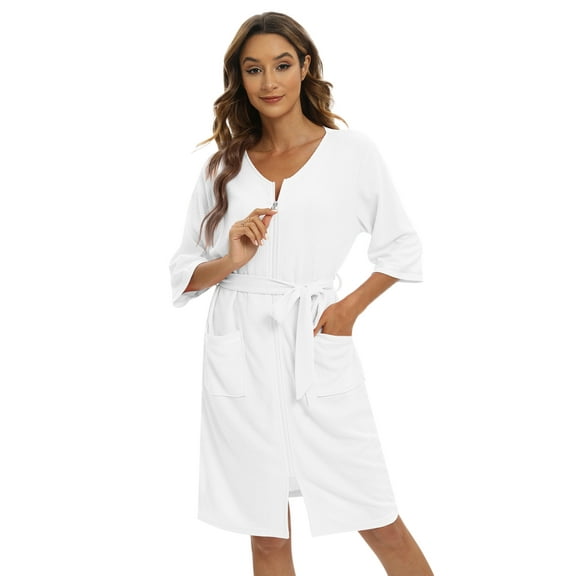 Womens Zipper Front Robe Nightgowns, Loose Spa Bathrobe V-neck Soft Loungewear Robes Sleepwear with Pockets Belt
