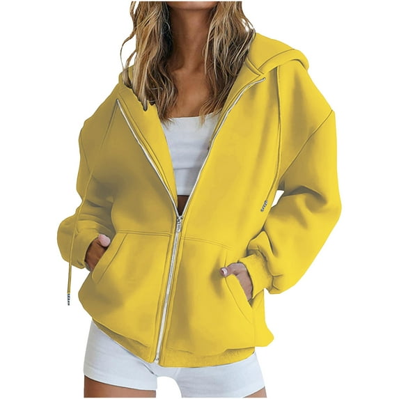 Womens Zipper Hoodies Casual Hooded Sweatshirts Solid Pockets Drawstring Jacket Loose Fit Drop Shoulder Long Sleeve Sport Coat 2025 Fashion Fall Outerwear