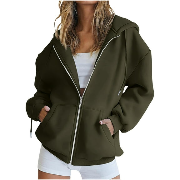 Womens Zipper Hoodies Casual Hooded Sweatshirts Solid Pockets Drawstring Jacket Loose Fit Drop Shoulder Long Sleeve Sport Coat 2025 Fashion Fall Outerwear