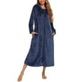 thumbnail image 1 of Womens Zipper House Coat, Winter Warm Flannel Zip up Front Bathrobe, Hooded Loungewear Long Housecoat with Pockets Navy L, 1 of 8
