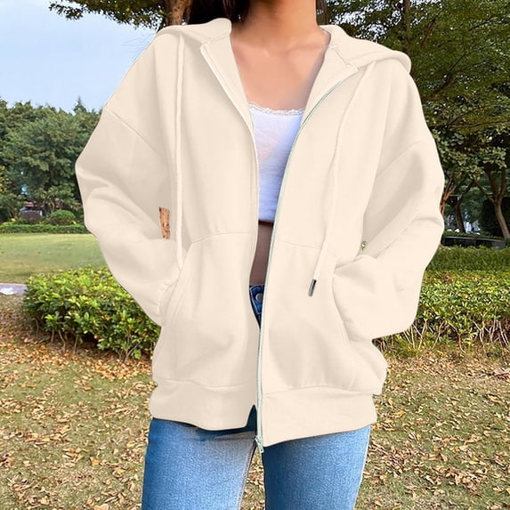 Womens Zipper Jacket Trendy Long Sleeve Solid Color Pockets Comfy Athletic Hooded Jacket Cozy Lightweight Sports&Travel Jacket for Spring Fall Winter