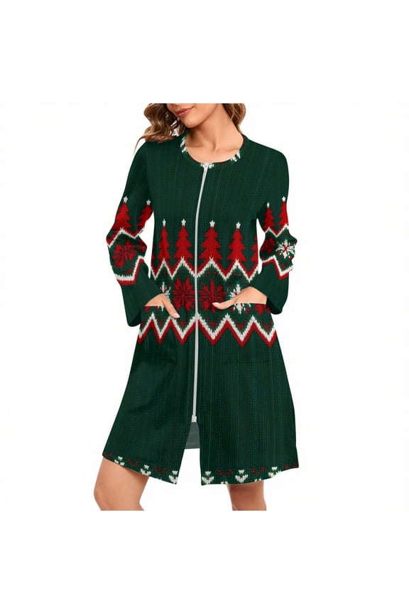 Womens Zipper Short Robe Christmas Buffalo Plaid Long Sleeve Bathrobes Sleepwear Soft Housecoat with Pockets Zip Up House Robes