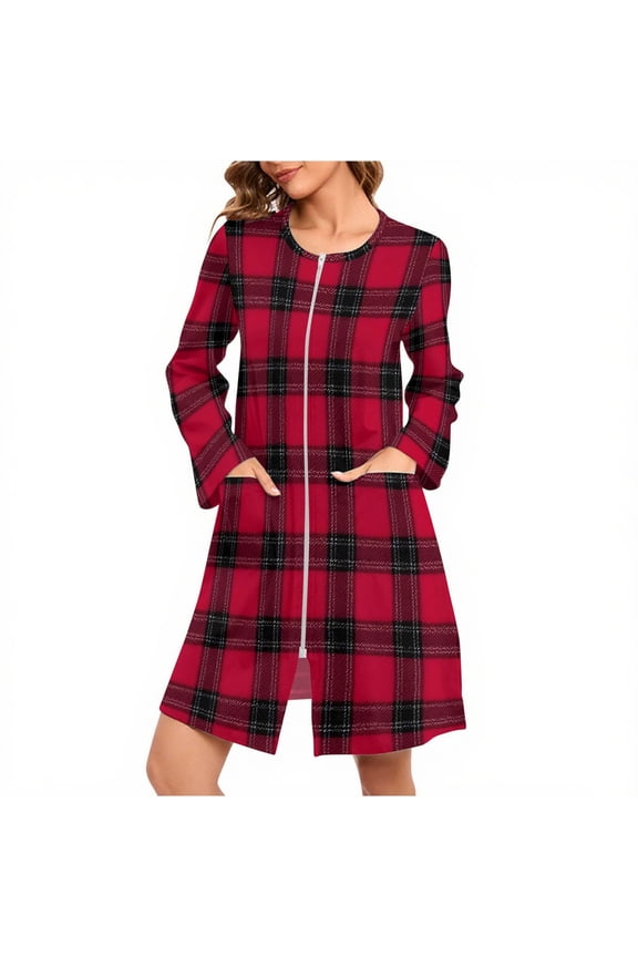 Womens Zipper Short Robe Christmas Buffalo Plaid Long Sleeve Bathrobes Sleepwear Soft Housecoat with Pockets Zip Up House Robes