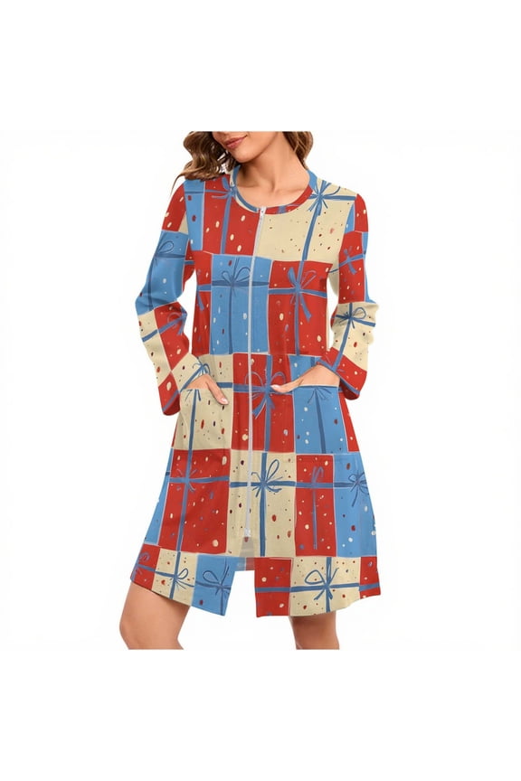 Womens Zipper Short Robe Christmas Buffalo Plaid Long Sleeve Bathrobes Sleepwear Soft Housecoat with Pockets Zip Up House Robes