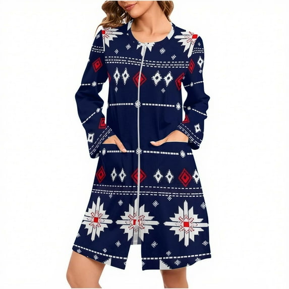 Womens Zipper Short Robe Christmas Buffalo Plaid Long Sleeve Bathrobes Sleepwear Soft Housecoat with Pockets Zip Up House Robes