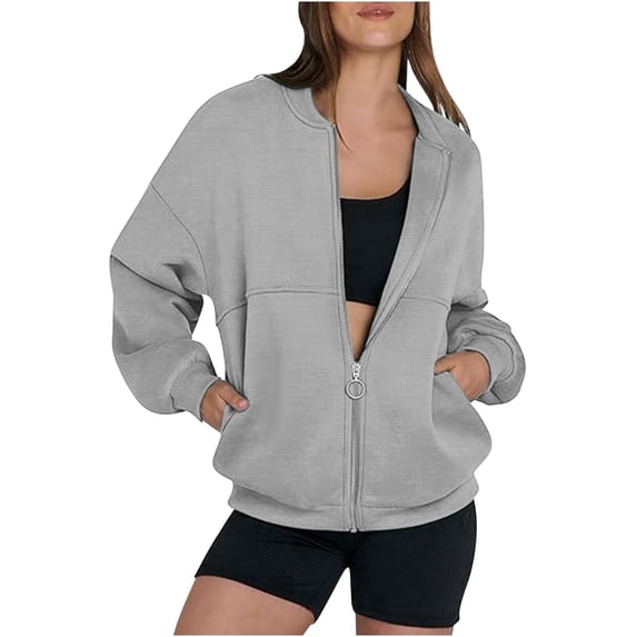 Womens Zipper Up Jackets Lightweight Casual No Hood Sweatshirts Coats with Pockets Ladies Solid Long Sleeve Fleece Lined Warm Jacket