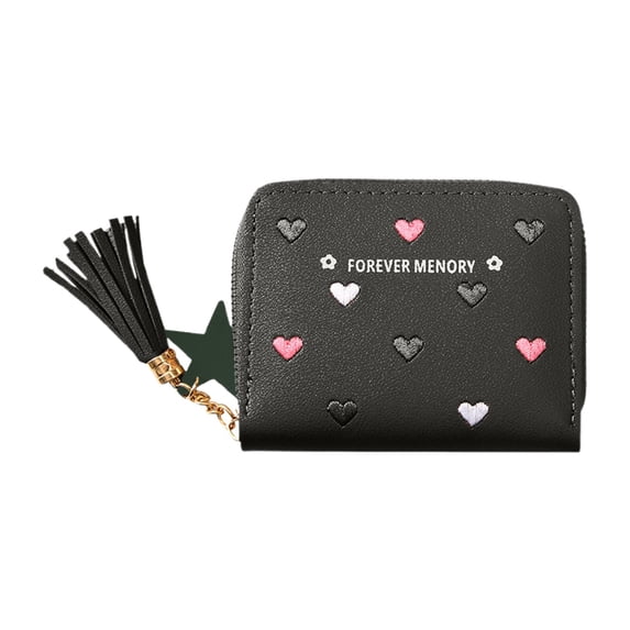 Womens Zipper Wallet with Heart Embroidery and Tassel, Slim Coin Purse with Card Slots and ID Pocket, Cute Bifold Wallet for Women and Girls