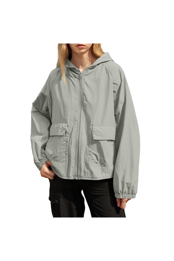 Womens Zipper Windbreaker Jackets Lightweight Raglan Sleeve Athletic Jacket Outwear Waterproof Loose Coats Gray, S