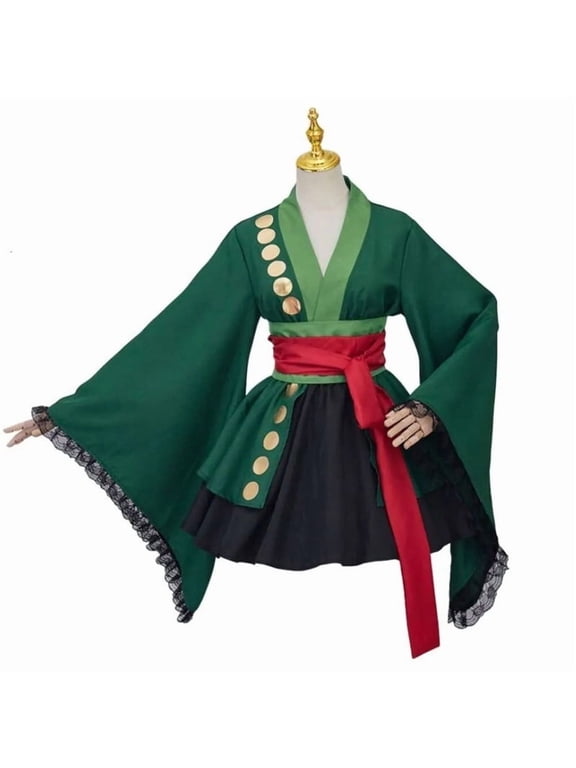Womens Zoro Inspired Green Robe Style Outfit Set Anime Theme Top and Skirt