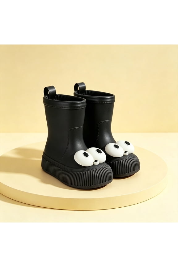 Womens and Girls 3D Cartoon Big Eyes Mid Calf Rain Boots Non Slip Waterproof PVC Wellies for Park Gardening Rainy Outdoor Black 36