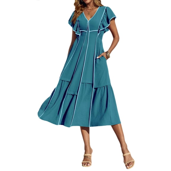 Womens casual V Neck Ruffle Sleeve Contrast Color Loose Fit Flowy Long Summer Dresses
