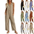thumbnail image 1 of Womens cotton linen Jumpsuits One Piece Overalls Button Down Sleeveless Wide Legs Rompers Solid Color Casual Daily Jumpsuits with Pockets, 1 of 8