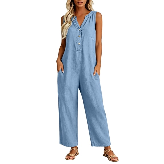 Womens cotton linen Jumpsuits One Piece Overalls Button Down Sleeveless Wide Legs Rompers Solid Color Casual Daily Jumpsuits with Pockets