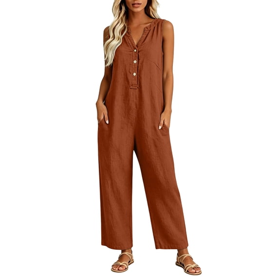 Womens cotton linen Jumpsuits One Piece Overalls Button Down Sleeveless Wide Legs Rompers Solid Color Casual Daily Jumpsuits with Pockets