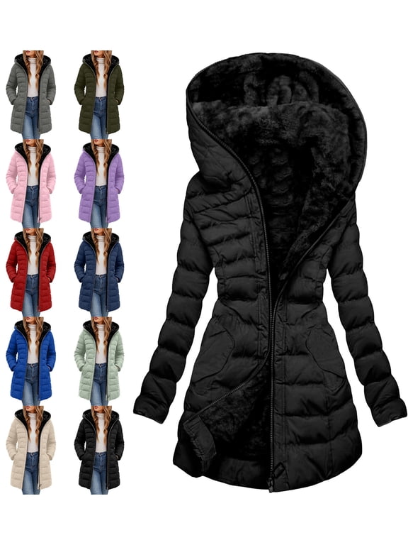 Womens down Coat Hooded Quilted Parka Fleece Lined Long Winter with Zipper & Pockets