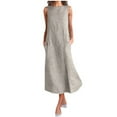 thumbnail image 1 of womens dresses Women Casual Striped Print Sleeveless Dress Neck Linen Pocket Long Dress, 1 of 7