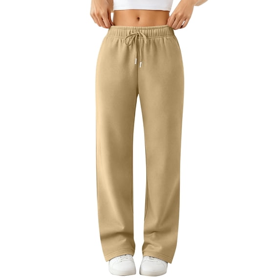 Womens high waist elastic drawstring straight leg sweatpants lounge jogging pants with pockets for daily wear Khaki 2XL