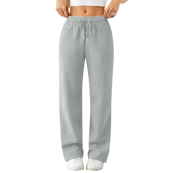 Womens high waist elastic drawstring straight leg sweatpants lounge jogging pants with pockets for daily wear Light Gray L