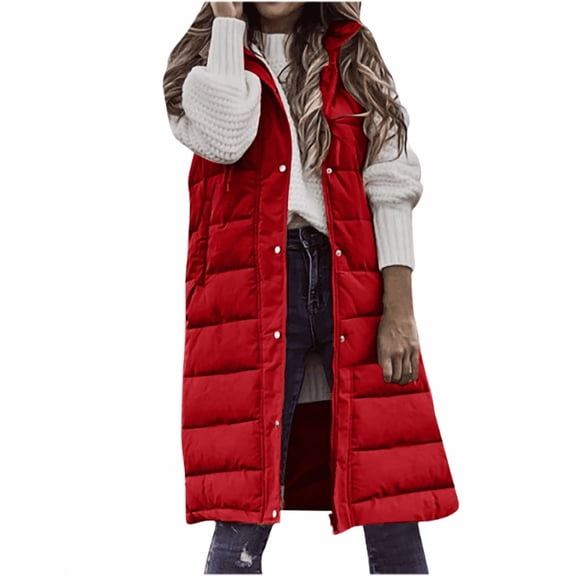 Womens hooded long winter Vest Sleeveless Hooded Long Puffy Vests Zip Up Quilted Thick Winter Jackets Outerwear with Pockets