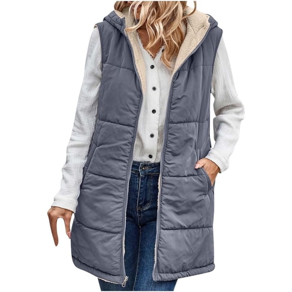 Womens hooded vest fleece Sleeveless Fleece Sherpa Jacket Reversible Zip Up Hoodie Pockets Warm Casual Loose Coat Fall Winter Clothing Outerwear