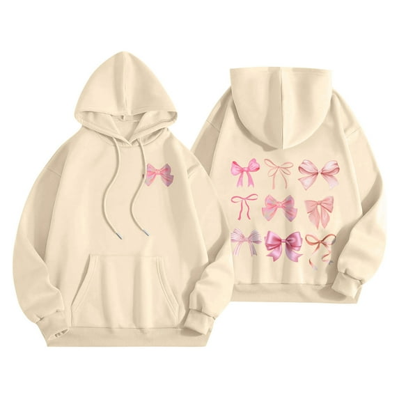 Womens hoodies Bow Graphic Long Sleeve Hooded Sweatshirt Cute Pullover Tops Beige XL