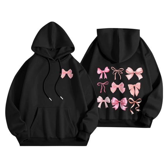 Womens hoodies Bow Graphic Long Sleeve Hooded Sweatshirt Cute Pullover Tops Black S