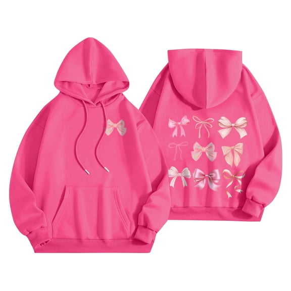Womens hoodies Bow Graphic Long Sleeve Hooded Sweatshirt Cute Pullover Tops Hot Pink XL