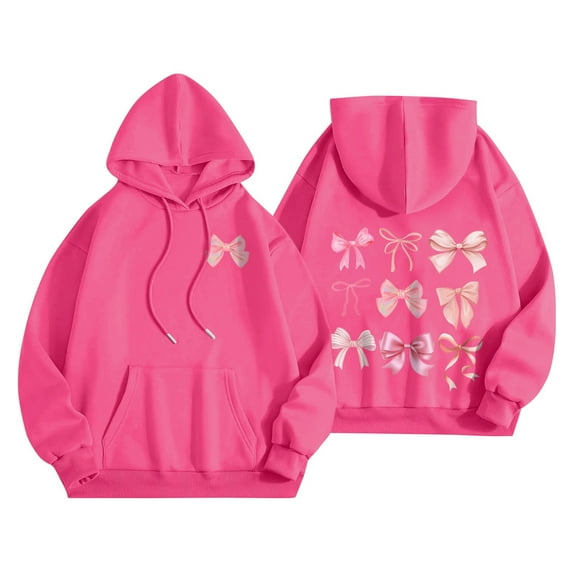 Womens hoodies Bow Graphic Long Sleeve Hooded Sweatshirt Cute Pullover Tops Hot Pink XL