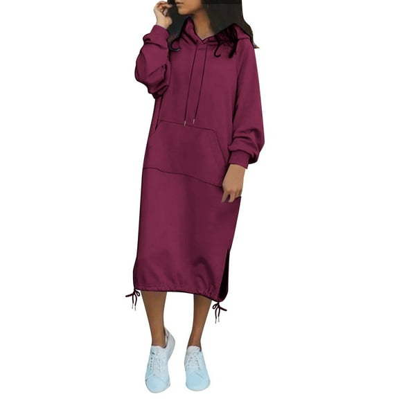 Bibifish Womens Hoodies Pullover Maxi Hoodie Dress Fall Long Sleeve Oversized Hoodies Drawstring Split Hem Midi Dress With Pocket