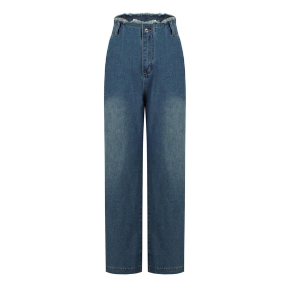 Womens jeans Button Zipper Pockets Length Pants Blue Loose Denim Pants L