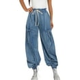 thumbnail image 1 of Womens jeans Comfortable Elastic Waist Drawstring Bow Loose Multi-pocket Straight Leg Blue Wide Leg Pants 2XL, 1 of 6