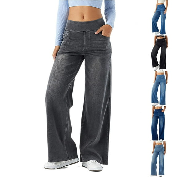 Womens jeans Denim Wide Leg Pants With High Waist And Effect Multiple Pockets Straight Leg Loose Gray Loose Denim Pants L