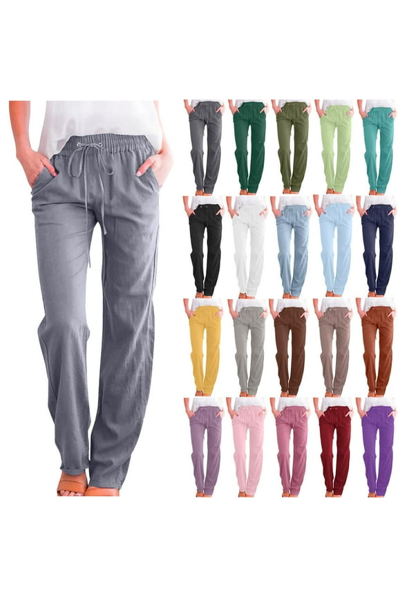 Womens jeans Solid Color Drawstring Cotton Linen Casual Loose Wide Leg Straight Trousers Gray Loose Denim Pants 3XL