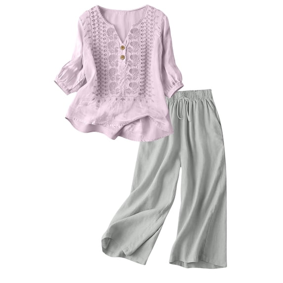 Womens linen 2 Piece Outfits Embroidered Cotton Linen Tops Vacation Clothes Outdoor Clothing Women Wide Leg Pants Lounge Set Matching Linen Sets Women Clothing Solid Color Work Blouses