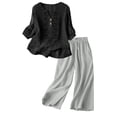 thumbnail image 1 of Womens linen 2 Piece Outfits Linen Beach Set Solid Color Work Blouses Cotton Gauze Loungewear Sets Trending Womens Clothes Matching Linen Sets Women Clothing Wide Leg Pants Lounge Set, 1 of 8