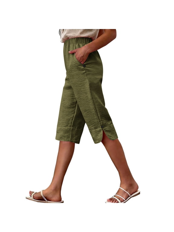 Womens linen Capri Pants High Waist Casual Cropped Relaxed Fit Straight Leg Pants for Women Light Weight Summer pants with Pockets and Split Hem