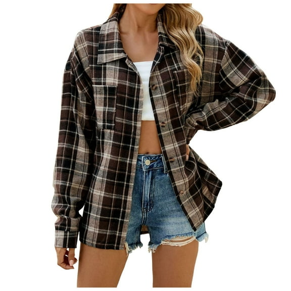 Womens Flannel Shirt Shacket Long Sleeve Button Down Womens Shirts Tank,Brown,XL