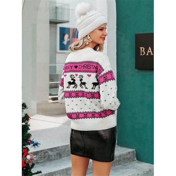 Womens Loose Fit Crew Neck Long Sleeve Sweater Christmas Reindeer Print Knit Pullover