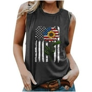 CLESALE Womens&nbsp;Tank&nbsp;Tops Loose Fit Cotton Summer American Flag Tank Tops USA Flag Stars Stripes Printed Sleeveless T-Shirt Tee Tops Dark Gray XXL