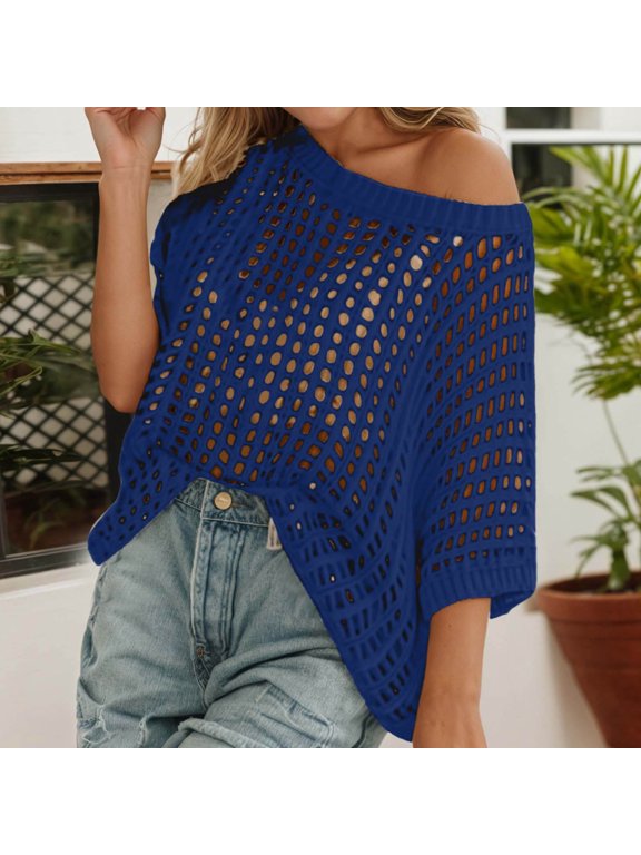 Womens Tshirt Open Weave Loose Solid Light off Shoulder Half Sleeve Knit Sweater Top Tees for Women Navy L