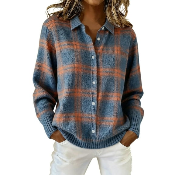 Womens cardigan Plaid Cardigan Sweaters Fluffy Casual Loose Open Front Sweater Fashion Button Up Knitted Sweater Top OIOLOYJM Orange L