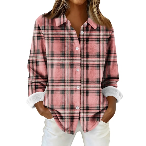 Womens flannel shirt Long Sleeve Plaid Shirts Casual Button-Down Shirt Tops Oversized Collared Shirt Jacket Coat OIOLOYJM Watermelon Red 2XL