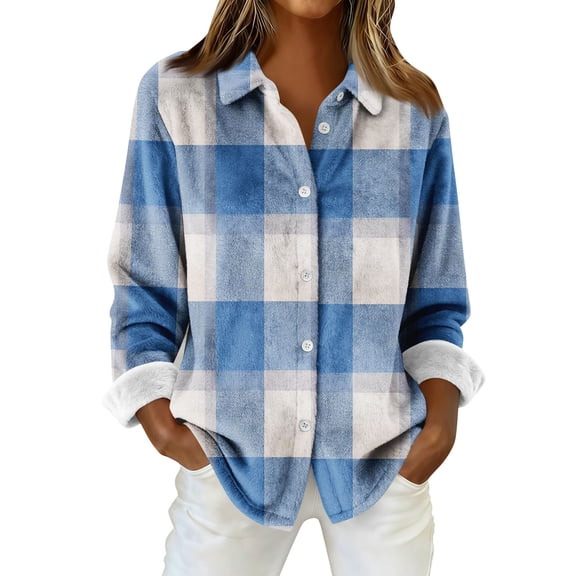 Womens flannel shirt Long Sleeve Plaid Shirts Casual Button Down Work Tops Plus Size Collared Shirt Jacket Coat OIOLOYJM Light Blue L