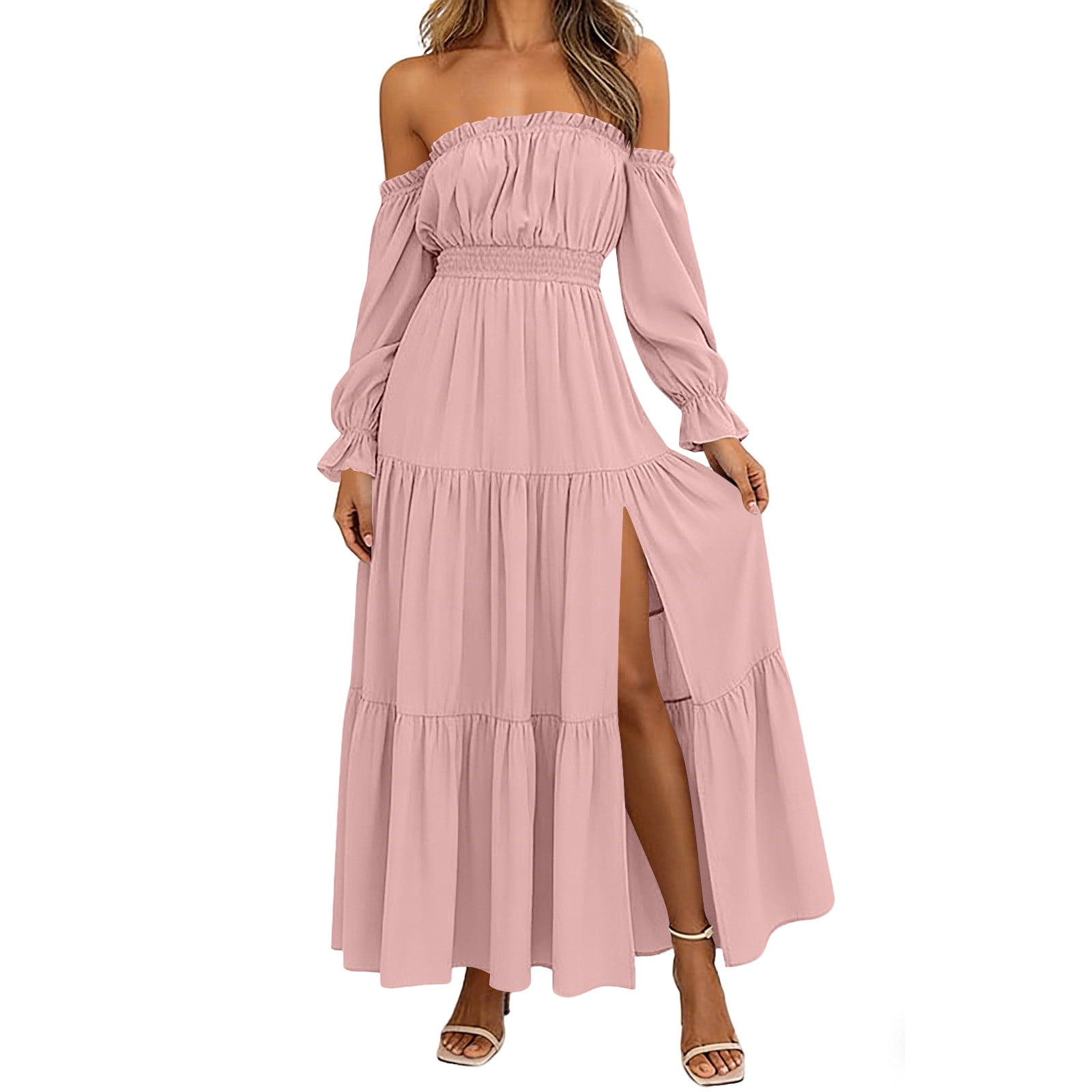 pink flowy dress long sleeve Womens off Shoulder Smocked Maxi Long Dresses Tiered Elegant Cocktail Party Sundress SID-STD15646PA